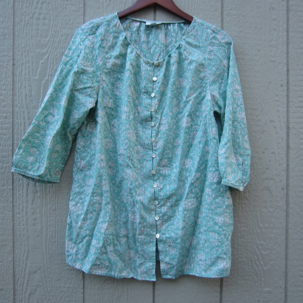 J. Jill Pure Jill Tops size M Green Floral Button front 3/4 sleeves Comfy beach